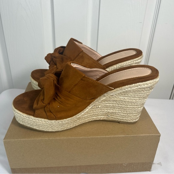 Brown Platform Espadrilles Slip On Wedge Sandals Bow Tie Womens 8.5 New - Picture 6 of 13